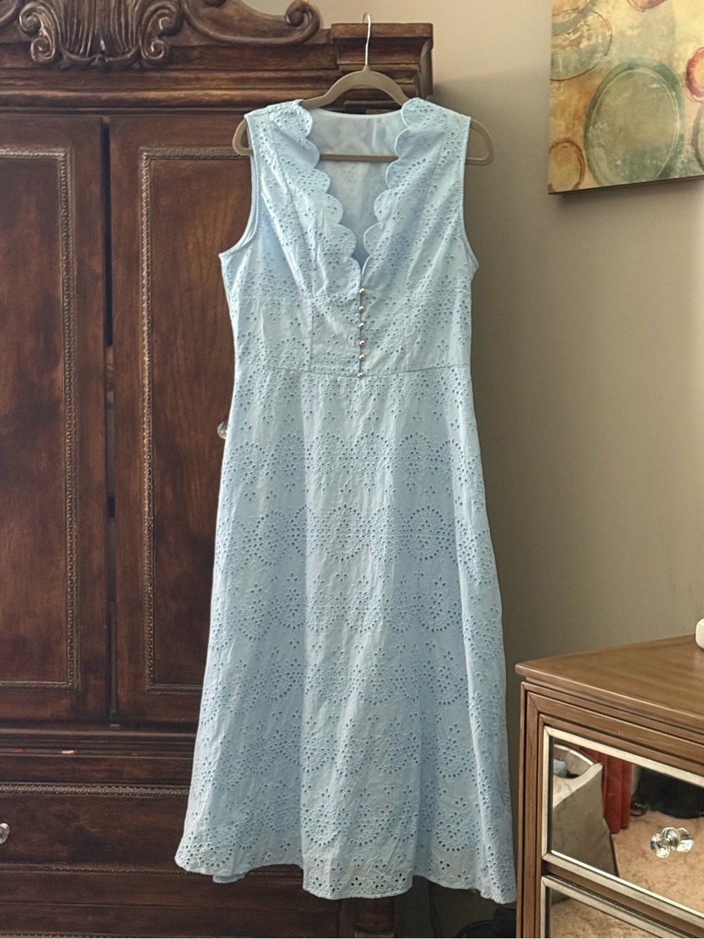 Commense Light Blue Eyelet Midi Dress with Scalloped V-Neck